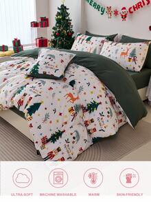 Juego de funda nórdica con estampado de árbol de Navidad y renos (1 funda nórdica + 1/2 funda de almohada, sin relleno), decoración navideña elegante, funda de cama esencial para dormitorio y residencia, certificado Oeko-Tex