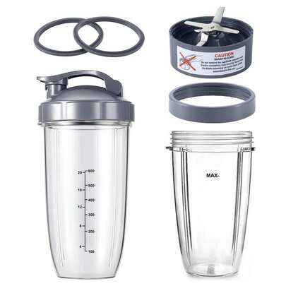 Juego de 7 piezas de vasos y cuchillas de repuesto, apto para batidoras NutriBullet de 600 W/900 W. Incluye cuchillas + tapas + juntas + vaso graduado de 32 oz + vaso de 24 oz.