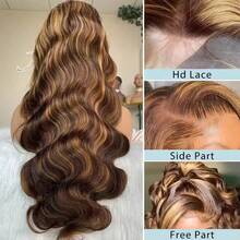 30 Inch 250% Density Ombre Honey Blonde Lace Front Wig Human Hair 13x4 HD Highlight Body Wave Lace Front Wigs Human Hair For Women Glueless Pre Plucked With Baby Hair 4/27 Colored HD Lace Wig Human Hair - S4/27 - 查看 10