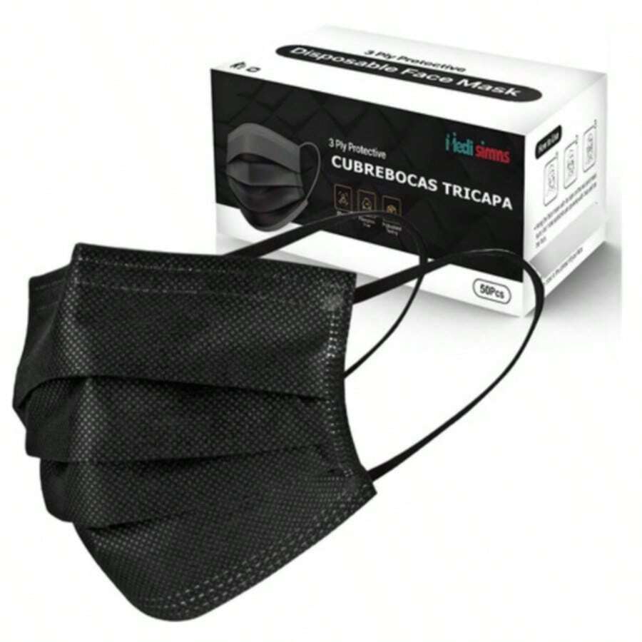 50pz cubrebocas premium  de color negro y azul  de buena calidad tapabocas de tres capas para mejor respiracion - Negro - Ver 1