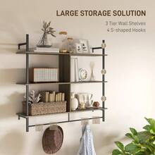 Floating Shelves, 104CM Wall Mounted Ladder Shelf With 4 Hooks, Rustic Hanging Display Shelf Living Room, Entryway, Kitchen, Rustic Brown - Grey Wood Effect - View 5