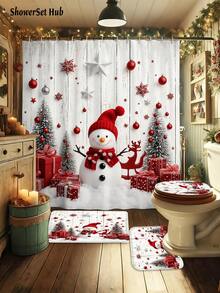 1/3/4pcs Snowflake Snowman Christmas Shower Curtain Bathroom Set ,Waterproof And Wear-Resistant Accessories,With 12 Hooks - Includes Toilet Seat Cover, Bath Mats, And Rugs - Non-Slip Polyester Fabric - Washable - Perfect For Holiday Decor,Home/Bedroom/House/Western Decor, - Multicolor - View 2