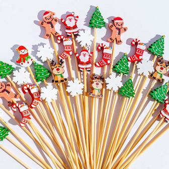 100 包 7 种设计圣诞鸡尾酒签，适用于开胃菜，4.7 英寸鸡尾酒棒，圣诞老人雪花驯鹿雪人，适用于蛋糕甜点食物水果圣诞派对装饰