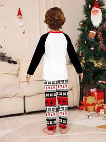 2pcs/Set Young Boys New Christmas Element Pajamas, Black & White Raglan Sleeve Reindeer & Christmas Tree Print Long Sleeve Top And Jacquard Long Pants, Round Neck Children Homewear Set