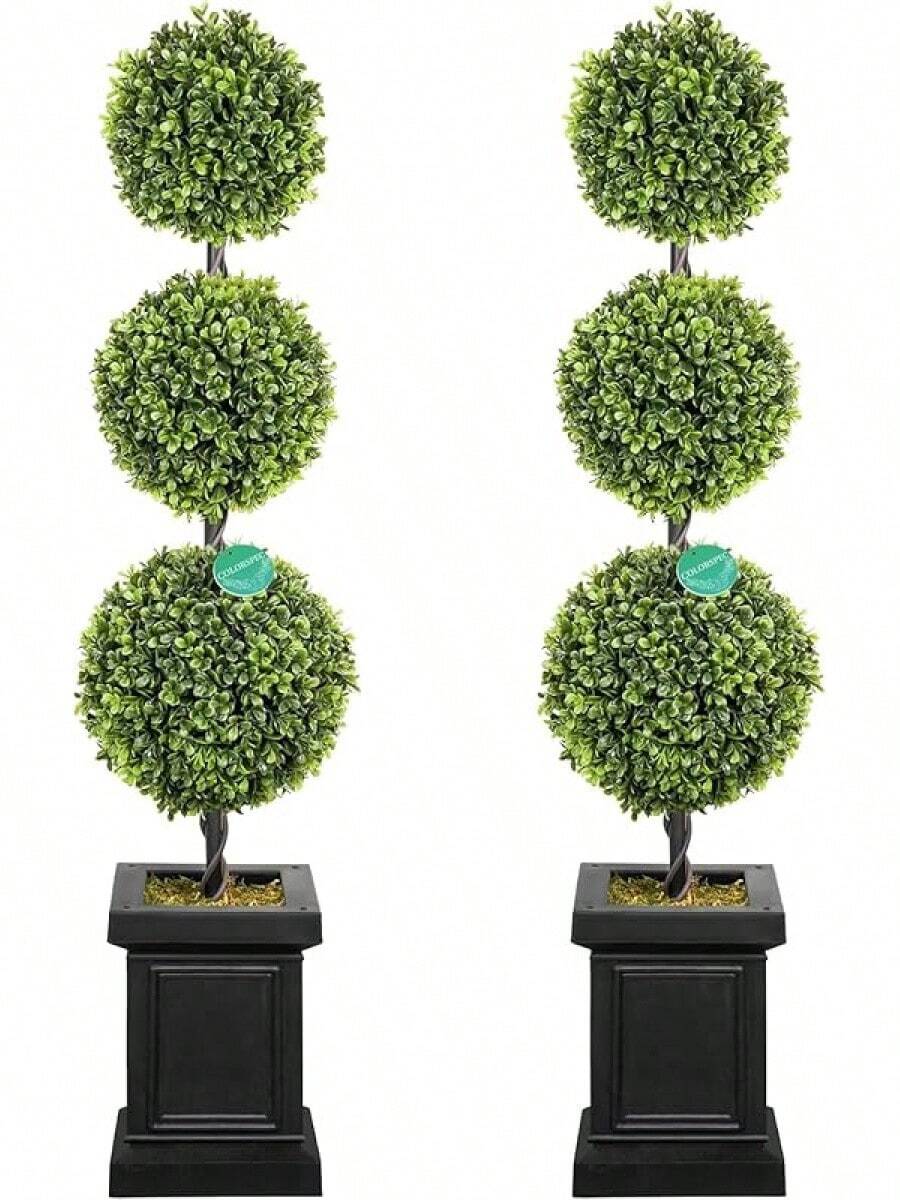 35ft Boxwood Outdoor Topiary Set Of 2, Tall All Year Green Fake Plant Topiary Trees Artificial Outdoor Porch Trees With Sturdy Pot For Outdoor Indoor (Ball)Halloween - 2 - Xem 1