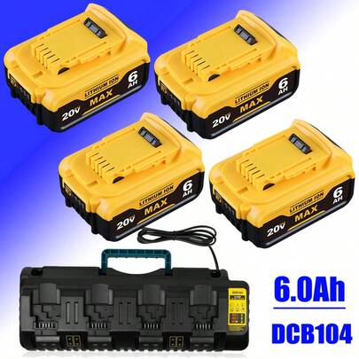 1-4Pack 6.0Ah 20 Volt Lithium Ion DCB208 Battery Or DCB104 Battery Charger Station Compatible With Dewal 20V Max Batteries DCB207 DCB206 DCB204 DCB203 DCB200 DCB201 Cordless Power Tools (Yellow)