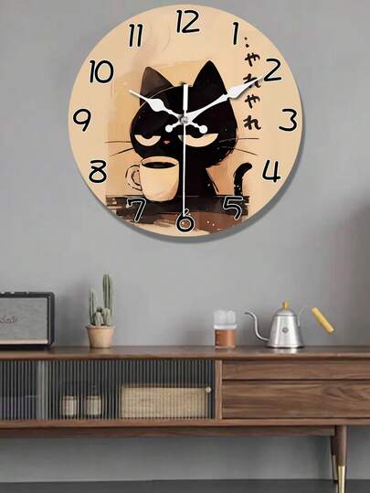 1Pc 10/12Inch Japanese Schattige Zwart Cat Large Wooden Wand Klok Battery Powered, Circular Silent Lazy Clock, ating Aesthetic Rooms, Living Bedrooms, Homes, Kitchens, Coffee Shops, Ideal Holiday (No Battery) view 3