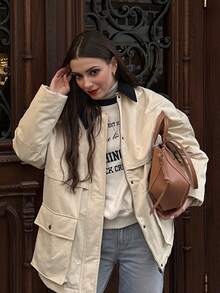 Autumn New Casual Corduroy Lapel Contrast Color Patchwork Loose Versatile Fashion Jacket Utility Padded Coat For Women, Elegant Retro Street Style Commuter Outerwear - Milky - View 7