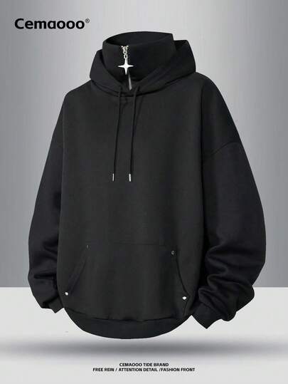 Plus Size Men's Casual Solid Color Pullover Sweatshirt With Large Pockets, Ribbed Cuffs And Hem, Soft And Comfortable For Spring And Autumn, Long Sleeve Top