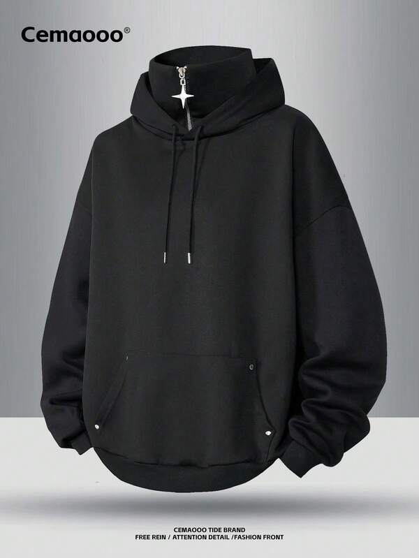 加大码男士休闲纯色套头卫衣，带大口袋、罗纹袖口和下摆，柔软舒适，适合春秋季穿着，长袖上衣