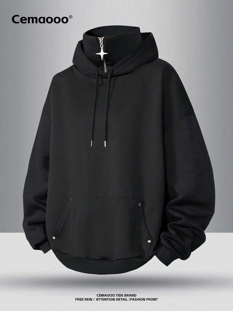 加大码男士休闲纯色套头卫衣，带大口袋、罗纹袖口和下摆，柔软舒适，适合春秋季穿着，长袖上衣