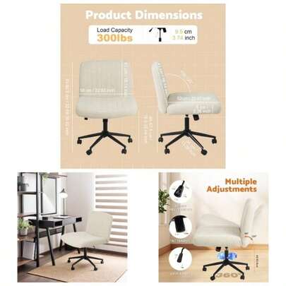 Armless Office Chair, Legged Desk Chair With Wheels, Adjustable Vanity Chairs Swivel Computer Chair With Wide, Padded Chair Bedroom, Home Office Beige
