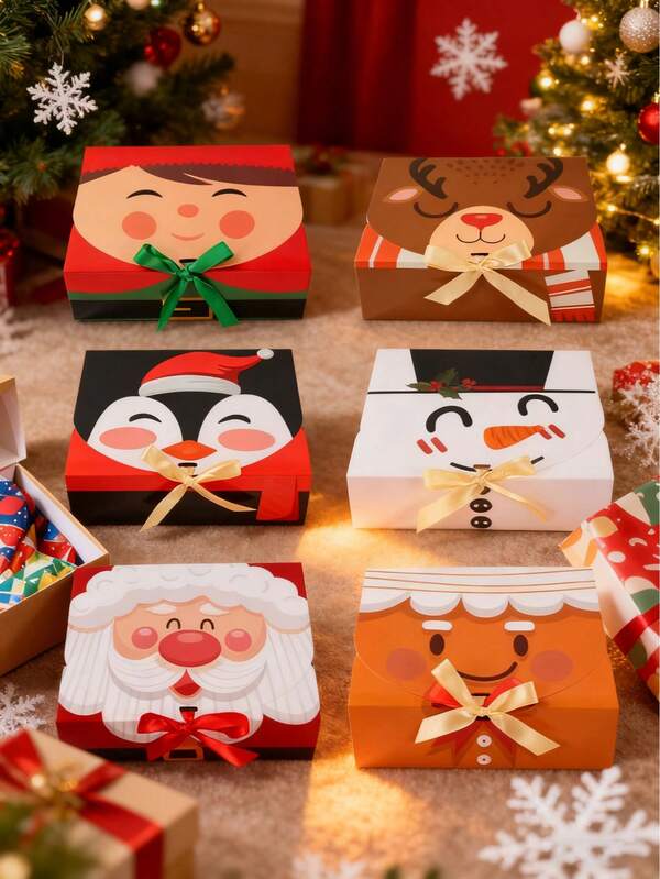 6 Cajas de regalo de Navidad con lazos, cajas de envoltura de regalo de Navidad con diseños de Papá Noel, muñeco de nieve, reno, hombre de jengibre, alce y duende, adecuadas para decoraciones navideñas, envoltura de regalos de temporada y decoraciones para fiestas de Navidad