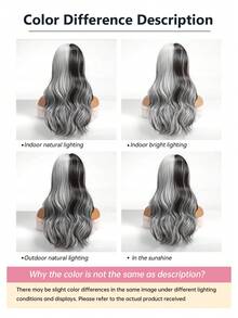 22英寸黑白渐变中长卷发假发，带刘海，层次感设计，耐热合成纤维，柔软易造型，适合日常、派对、节日等场合，是送给女性的完美礼物。 - 拼色 - 查看 9