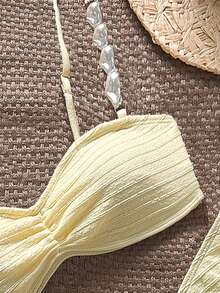 Bikinx 女士三件套度假套装，纯色纹理面料比基尼泳衣，侧边抽绳迷你裙，沙滩夏季装 - 黃色 - 查看 4