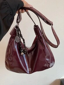 勃艮第时尚设计手提包，女士大号单肩包 - 酒紅色 - 查看 6