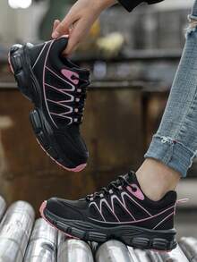 UMBURLLY Safety Shoes For Women, Anti-Smash Steel Toe Puncture-Resistant Kevlar Fashion Stripes Outdoor Ladies Work Shoes Workshop Industrial Safety Boots Autumn And Winter - 黑色 - 查看 7