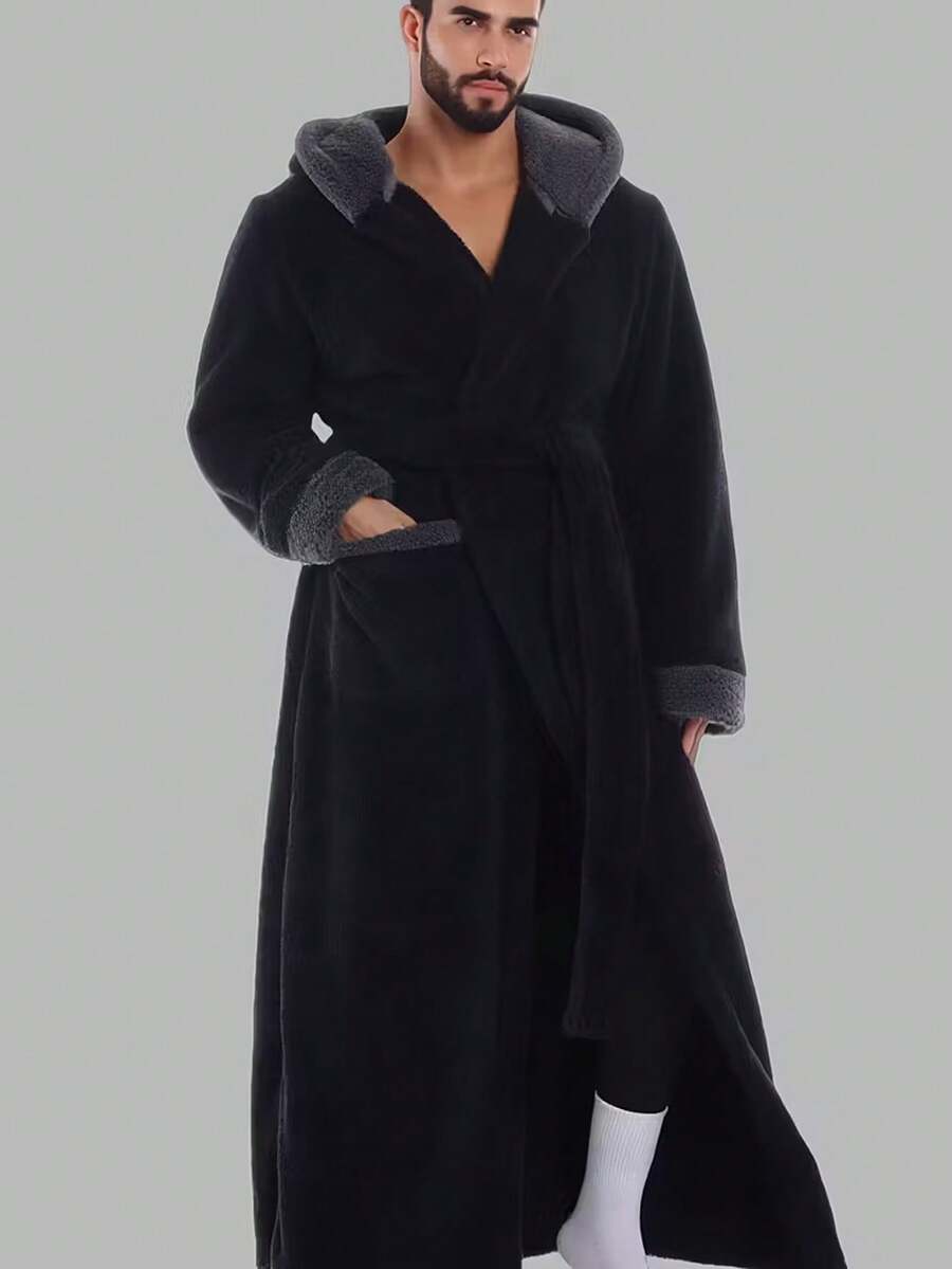 男士秋冬新款毛绒浴袍 - 温暖舒适，带口袋、连帽、可调节腰带、家居睡衣