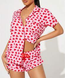 Women Y2k Pajamas Set Cute Heart Rabbit Short Sleeve Button Down Shirt Silk Satin Pjs Shorts Set Preppy Sleepwearhalloween - 5 Heart Print Red - View 6