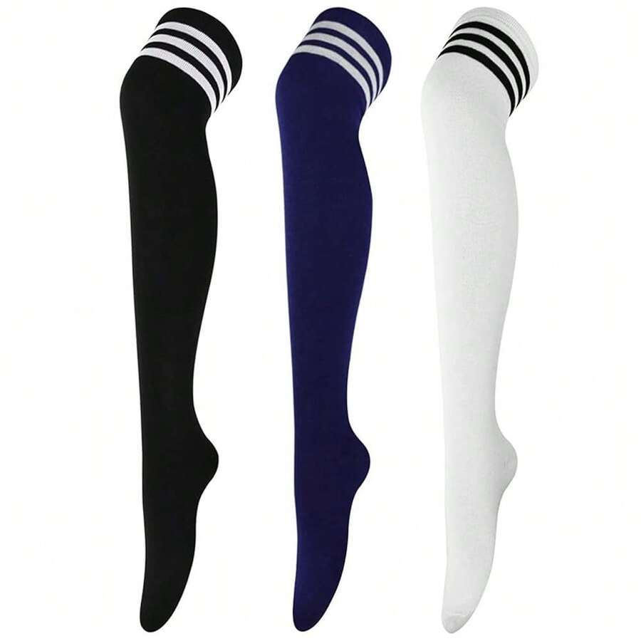 DRESHOW 3 Pairs Thigh High Socks Striped Over Knee Thin Tights Long Stocking Knee High Leg Warmer{"Color_name":"3PairsC:White/Black/NavyBlue"} - 多色4 - 查看 1