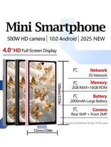 SOYES ONEMYTH 2025 新款迷你智能手机，配备 3.99 英寸显示屏和 2000mAh 大电池，确保户外拍摄时电量充足，无需担心续航。3G 网络、双 SIM 卡、2GB RAM + 16GB ROM，旅行智能手机，口袋手机，Android 10.0 系统运行稳定 - 粉色 - 查看 1