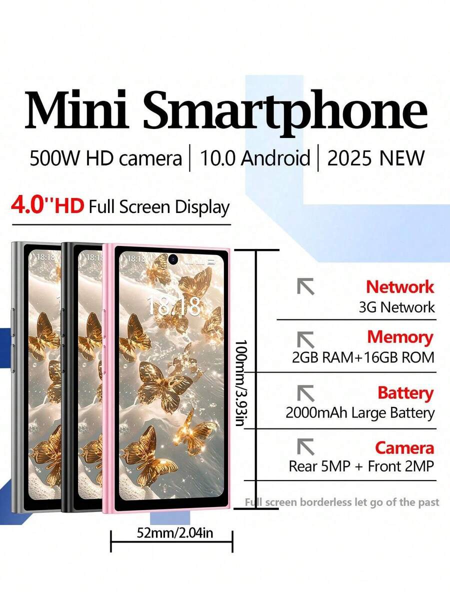 SOYES ONEMYTH 2025 新款迷你智能手机，配备 3.99 英寸显示屏和 2000mAh 大电池，确保户外拍摄时电量充足，无需担心续航。3G 网络、双 SIM 卡、2GB RAM + 16GB ROM，旅行智能手机，口袋手机，Android 10.0 系统运行稳定 - 粉色 - 查看 1