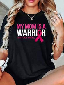 100% Algodón Unisex Mi Mamá es una Guerrera Concientización sobre el Cáncer de Mama Camiseta de Apoyo Familiar, Camiseta de Manga Corta Impresa de Otoño e Invierno - Negro - Ver 6