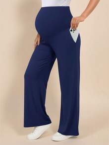 Buttery Soft High Waisted Over The Belly Full Length Wide Leg Maternity Yoga Palazzo Pants - Blue - View 6