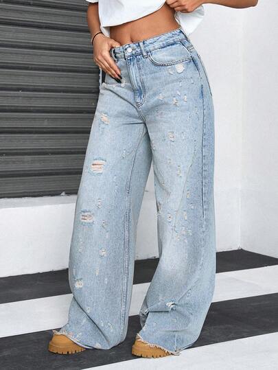 Modische und vielseitige Damen Straight-Leg Weite Jeans mit abgenutzter und zerrissener Textur für alle Jahreszeiten