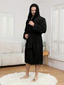 Men's Winter Long Sleeve Jacquard Robe, Thick Fleece Bathrobe, Soft Double Pocket Warm Long Sleeve Robe, Polyester Fabric, Retro Style, Suitable For Home Wear, Autumn/Winter - Multicolor - View 2
