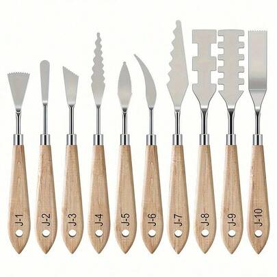 10-Piece Palette Knife Set, Stainless Steel Artist Spatula, Oil & Acrylic Paint Mixing, Comfort Wood Handles, Diverse Shapes & Sizes