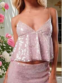 Women Sequin Spaghetti Strap Tops Sparkly V Neck Sleeveless Backless Ruffle Shirts  Summer Streetwear - Hồng - Xem 4