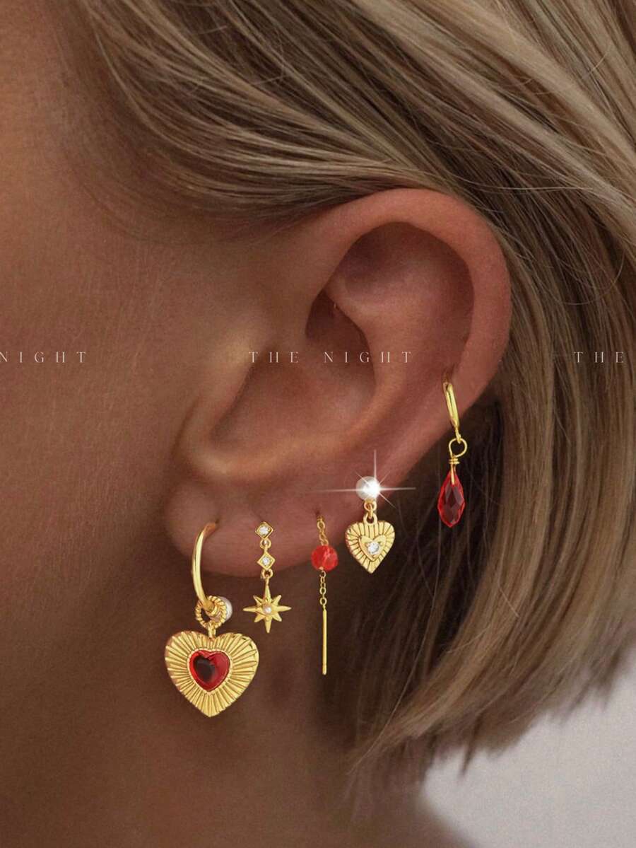 5pcs/Set Sparkling Red Zirconia Heart Shaped Earrings, Earrings, Ear Clips, Fashion Jewelry Set For Women, Suitable For Party, Holiday, Date Or Wedding