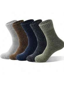 5 Pairs Of Mixed Color Men's Mid Length Socks, Warm And Thick Winter Long Socks, Knitted Fabric, Crew Socks Plush Couple Socks