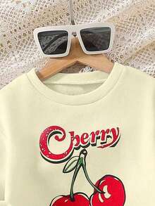 2pcs/Set Young Girls Casual Cherry Print Crew Neck Sweatshirt And Matching Cherry Print Denim Pants Set, Autumn/Winter - Apricot - View 3