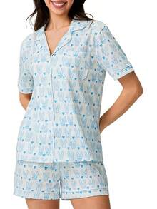 Women Y2k Pajamas Set Cute Heart Rabbit Short Sleeve Button Down Shirt Silk Satin Pjs Shorts Set Preppy Sleepwearhalloween - 7 兔印花藍色 a - 查看 12