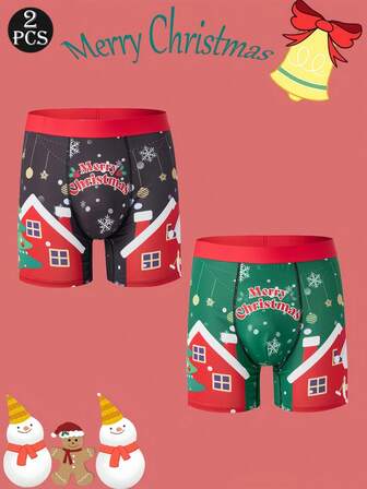 2pcs Men's Christmas Print Comfortable Long Boxer Briefs