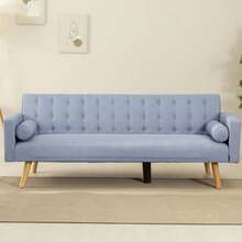 Sofá Cama 3 Plazas Acolchado 203x82x78cm One, 2 Cojines y Apertura-Clac con Dif. Grados de Reclinación. Sofá Cama Chaise Longue con Patas de Madera Convertible en Cama Doble |   Azul