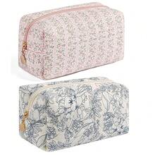Makeup Bag Travel Cosmetic Bag For Women, Zipper Make Up Pouch, Floral Flowers Toiletry Organizer, Portable Storage Bag, Cosmetic Travel Cloth Bag (Pink+Navy Blue Flower){"Color_name":"TwoPack:(Pink+NavyBlueFlower)"} - 兩件裝:(粉紅+海軍藍花) - 查看 1