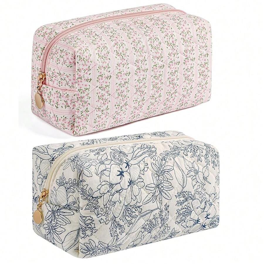 Makeup Bag Travel Cosmetic Bag For Women, Zipper Make Up Pouch, Floral Flowers Toiletry Organizer, Portable Storage Bag, Cosmetic Travel Cloth Bag (Pink+Navy Blue Flower){"Color_name":"TwoPack:(Pink+NavyBlueFlower)"} - 兩件裝:(粉紅+海軍藍花) - 查看 1