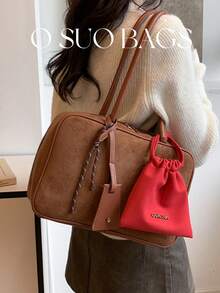 2pcs Solid Color Autumn/Winter New Suede Tote Bag, Versatile Commuter Boston Handbag With Large Capacity, Shoulder & Top Handle, With Accessory Charm - Brown - View 5