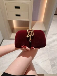 1pc Glamorous Metallic Snake Decor Clutch Bag, Luxury Shiny Vintage Gold Box Style Mini Purse, Fashionable, Charming, Elegant Women's Evening Handbag, Suitable For Wedding, Themed Formal Party, Prom, Birthday Celebration, Comes With Chain - Burgundy - View 5