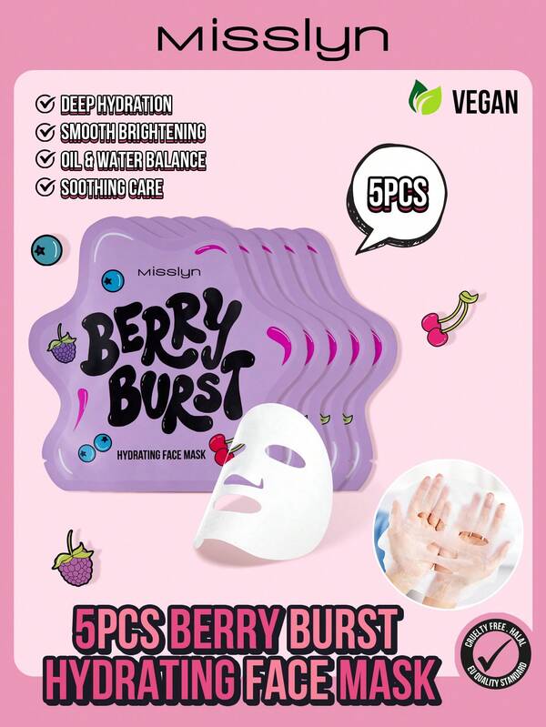 Misslyn 5 PIEZAS MISSLYN-BERRY BURST MASCARILLA HIDRATANTE FACIAL, Mascarillas faciales hidratantes aptas para piel sensible y grasa, rescate de piel seca, cuidado diario de la piel, mascarillas faciales de hoja con extracto de arándanos para una hidratación intensa, mascarilla facial spa para una hidratación profunda, iluminación y volumen, suavizante de la piel, mejora de la elasticidad, vegano y libre de crueldad animal