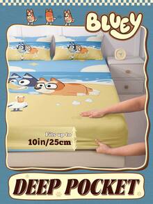 Bluey 卡通数码印花床单，床上用品，床垫保护套，床罩，床笠，舒适家纺，冷色调床笠，透气防起球床垫保护套，柔软亲肤，沙滩卡通图案床罩 - 彩色 - 查看 5