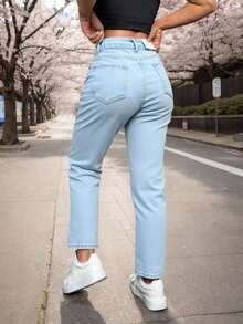 mom  jeans con rotos con perlas,hermoso,comodidad,casual. - Azul - Ver 3