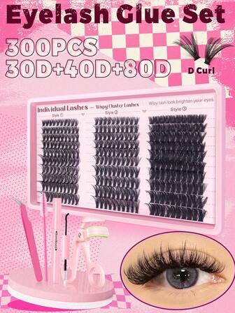 300PCS-30D 40D 80D Fluffy False Eyelash, With A Curl Of 8-16mm Mixed Length, Equipped With Grafting Tools And Glue, Tweezers, Eyelash Curler Brush Suitable For Beginners To DIY At Home, And Can Be Used For Various Joyful Festivals