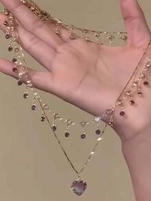 2 piezas/set Collar con colgante de circonita brillante de color púrpura con diseño de amor, estilo dulce y moderno Y2K para mujer, collar de cadena para la clavícula, joyería para fiestas y uso diario - Collar 1 - Ver 9