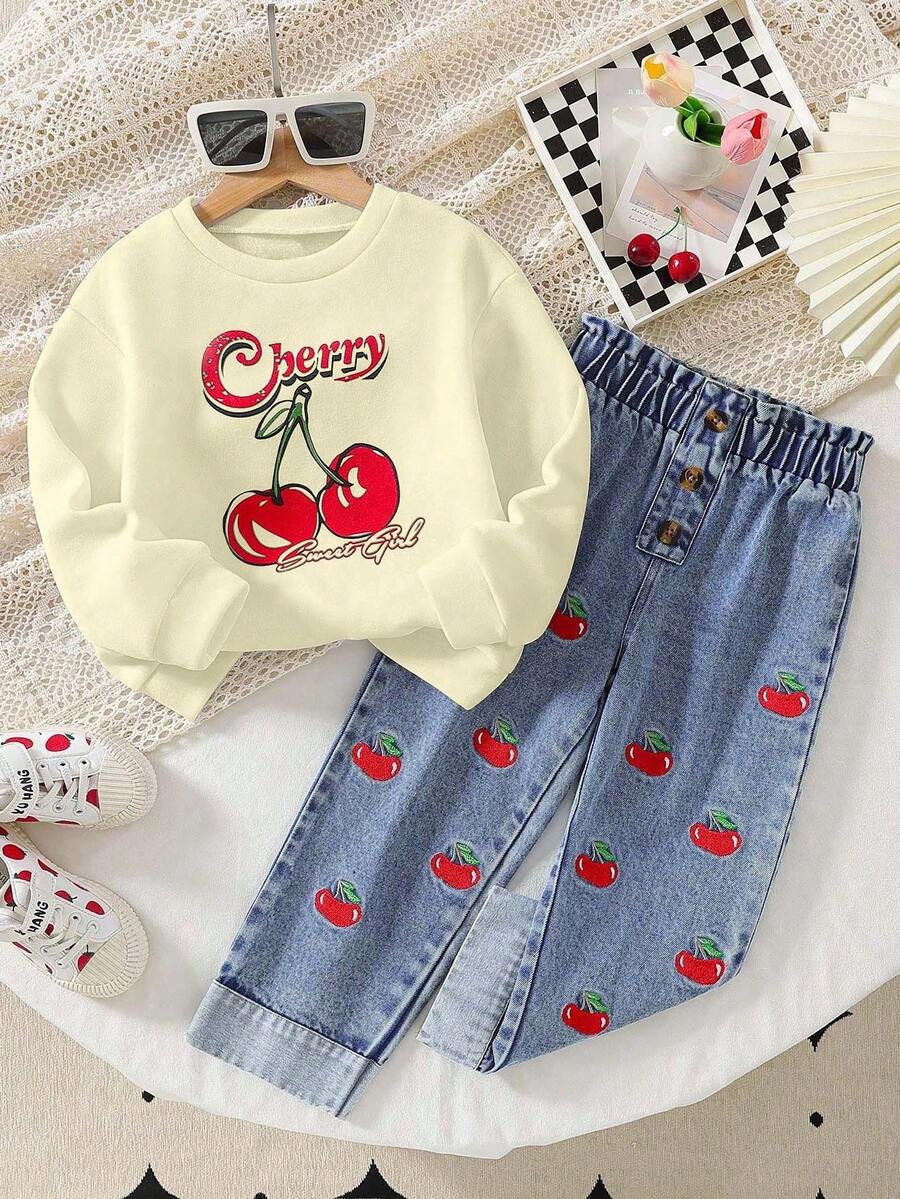 2pcs/Set Young Girls Casual Cherry Print Crew Neck Sweatshirt And Matching Cherry Print Denim Pants Set, Autumn/Winter - Apricot - View 1