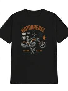 Men's Motorcycle Rebel Graphic T-Shirt - Biker Gang Style With Motorcycle Racing Design, Black & Orange Motorbike Print, Breathable Round Neck Casual Summer Tee For Motorcycle Enthusiasts, Biker Apparel, Ideal Gift For Riders - MOTORREBEL Skull Rider & Motorcycle Parts Print, Machine Washable, Regular Fit, Bold Biker Culture Statement - 黑色 - 查看 1