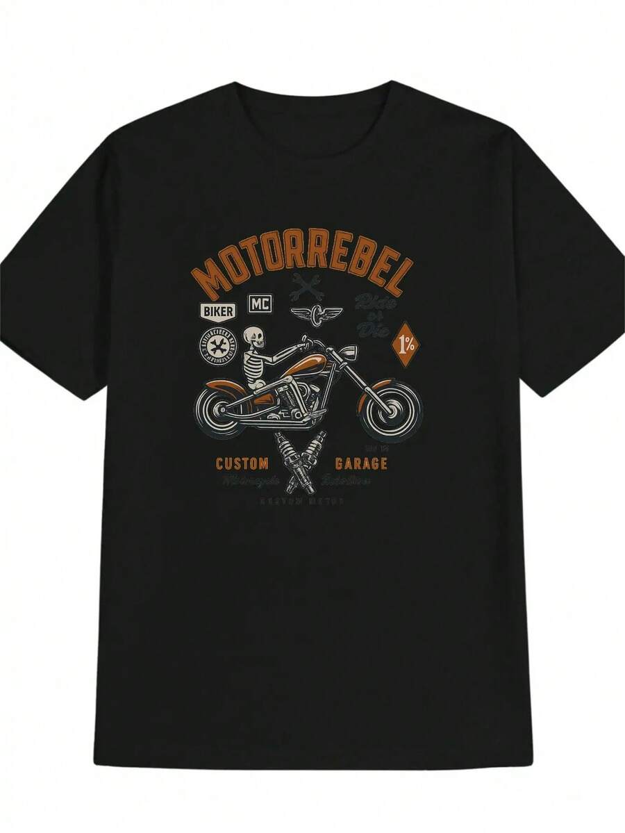 Men's Motorcycle Rebel Graphic T-Shirt - Biker Gang Style With Motorcycle Racing Design, Black & Orange Motorbike Print, Breathable Round Neck Casual Summer Tee For Motorcycle Enthusiasts, Biker Apparel, Ideal Gift For Riders - MOTORREBEL Skull Rider & Motorcycle Parts Print, Machine Washable, Regular Fit, Bold Biker Culture Statement - 黑色 - 查看 1